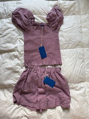 Girls Pink Gingham Puff-Sleeve Matching Set with Smocked Top